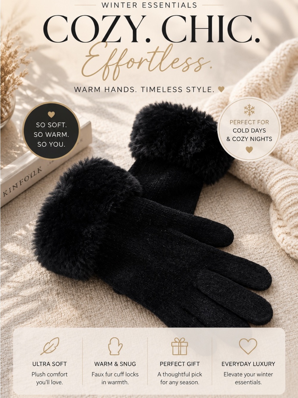 Black Faux Fur Trim Gloves